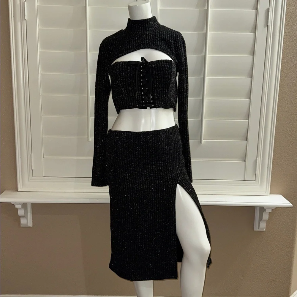 NBD Kendra Top and Skirt Set Metallic Black